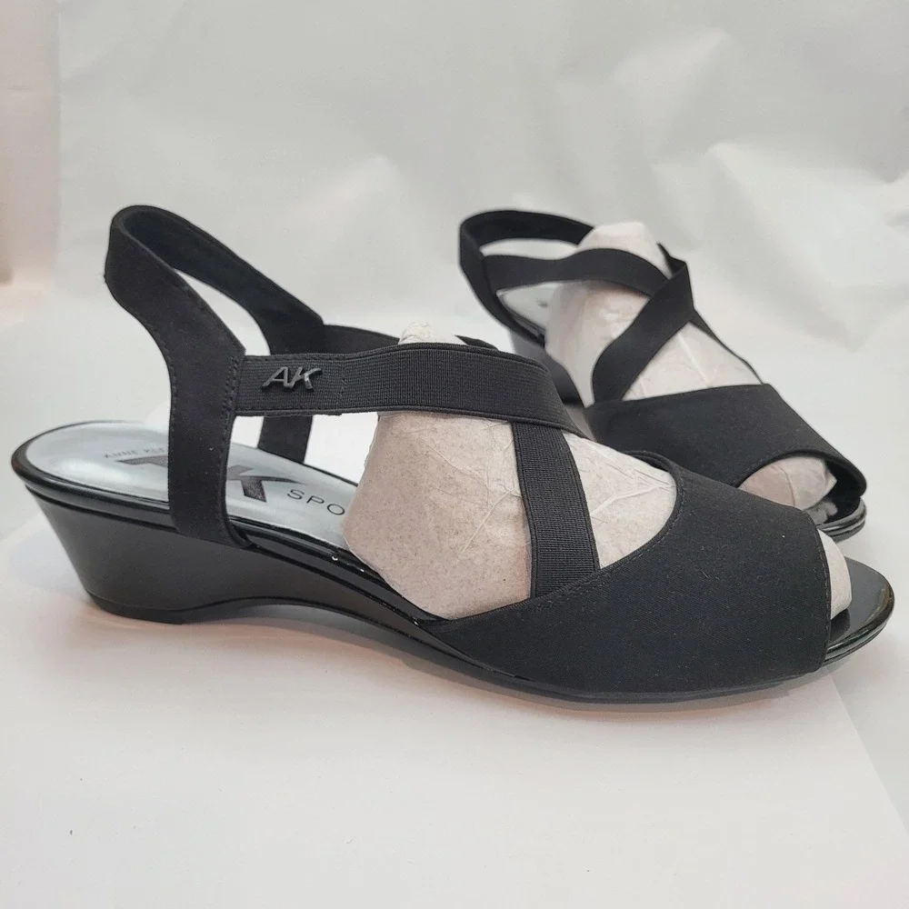 Anne Klein Sport AKMEME Wedge Sandals Womens 11 Black Elastic Straps Slingback